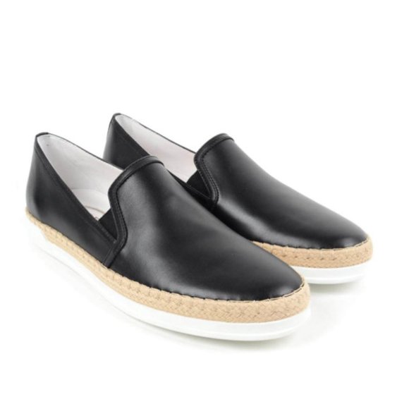 TOD'S Black Leather Slip-On Espadrille Loafers Women's Size